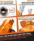 PVC Pipe Reamer TriForce Kit With Tungsten Carbide Blades shown with blade durability and drill compatibility features.