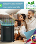 Family enjoying clean air with Honeywell purifier, Breathe Naturally logo, promoting healthier space, emphasizes USA-made quality