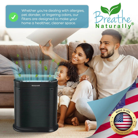 Family enjoying clean air with Honeywell purifier, Breathe Naturally logo, promoting healthier space, emphasizes USA-made quality