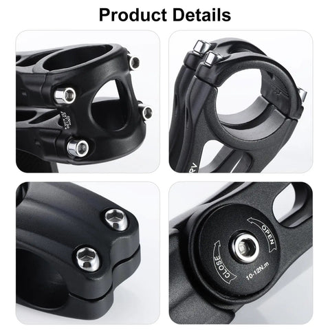 Adjustable Bicycle Stem Fits 25.4mm And 31.8mm Handlebars 110mm Or 130mm Length Riser MTB Road BMX Aluminum Alloy With 0 To 85 Degrees Of Tilt Compatible With 28.6mm Steerer product details showing screws and connections