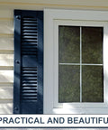 Installed classic blue window shutter with fasteners, part of 18 Pack 3 Inch Vinyl Shutter Fasteners Kit With Lok Pins Screws Pegs.