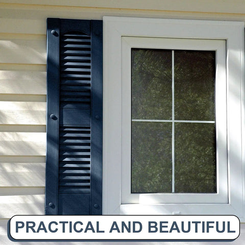 Installed classic blue window shutter with fasteners, part of 18 Pack 3 Inch Vinyl Shutter Fasteners Kit With Lok Pins Screws Pegs.