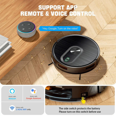 2 In 1 Robot Vacuum And Mop With 6500Pa Beast Mode Suction Gyro Inertial Navigation 200 Minute Runtime on wood floor