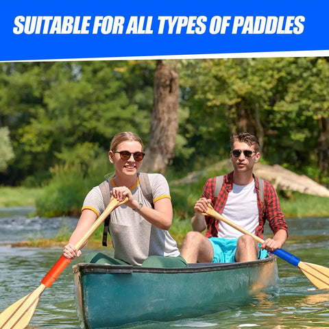 Two people canoeing with Four Pack Paddle Floats For Kayak Canoe And Paddleboard Keeps Your Paddles Afloat On The Water Blue And Orange Colors