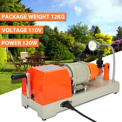 Beast 110V Metal Cutting Machine With Brass Motor, Red Finish, and Adjustable Handle, shown in garden setup