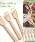 Real Deal Bamboo Forks Bulk Pack shown handwashing reusable forks, sturdy bamboo disposable cutlery for events.