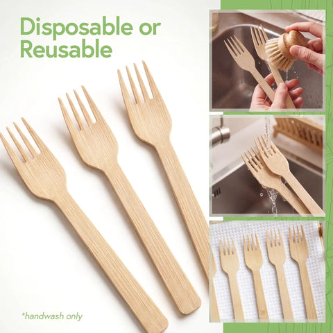 Real Deal Bamboo Forks Bulk Pack shown handwashing reusable forks, sturdy bamboo disposable cutlery for events.