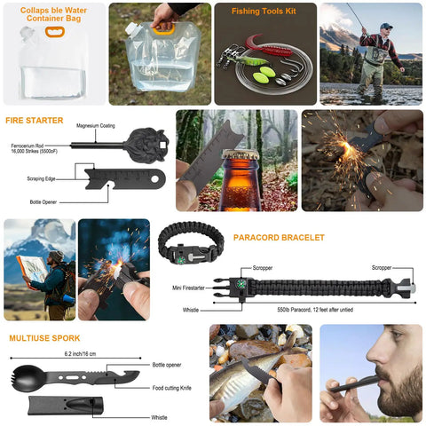 Collapsible water container, fishing tools, fire starter, paracord bracelet, multiuse spork in All In One Emergency Survival Kit