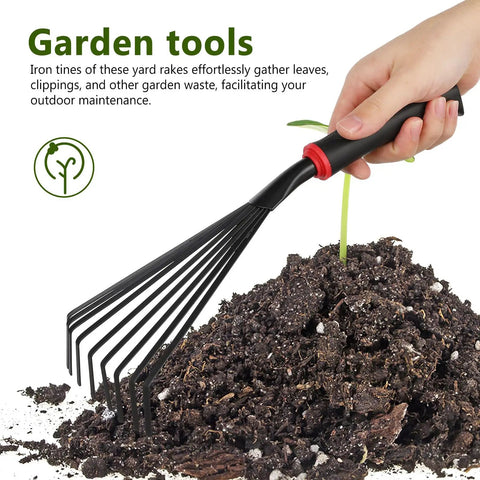 Nine Tines Metal Garden Hand Rake Set For Yard Lawn And Flower Beds Mini Cultivator Tools With Easy Grip Handle in soil