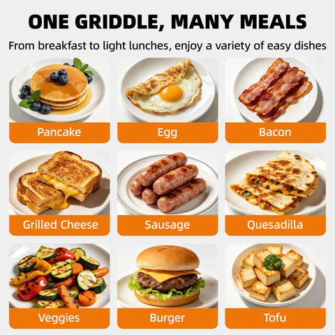 Tiny But Mighty 10 Inch Mini Ceramic Electric Griddle With Adjustable Thermostat 1200W Nonstick Skillet with various breakfast meals