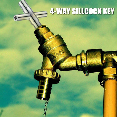 4 Way Sillcock Water Key Set 2 Pack Heavy Duty Steel Cross Wrench attached to outdoor brass spigot with water flow