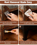 Hands demonstrating rust removal using 2-In-1 Rust Converter And Primer, with brush application and drying steps on metal surface.