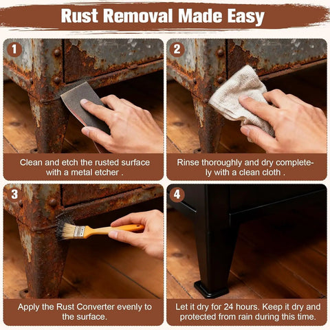 Hands demonstrating rust removal using 2-In-1 Rust Converter And Primer, with brush application and drying steps on metal surface.