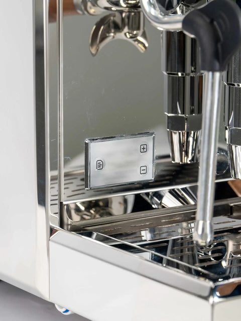 Close-up of controls on the Pro Grade Dual Boiler Espresso Maker With PID Precision Tuning Hardened Stainless Frame.