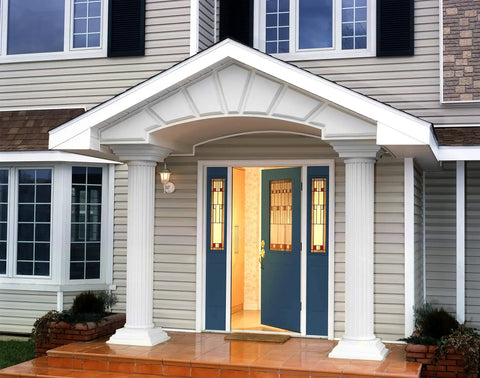 Blue painted front door on a house with pillars, using Serene Front Door Paint Water Based Exterior Enamel For Metal And Wood Surfaces Quick Dry In One Hour Keeps Color Fresh For Up To 100 Sq Ft Coverage No Fade Durable Finish For Exterior Doors And Shutters.