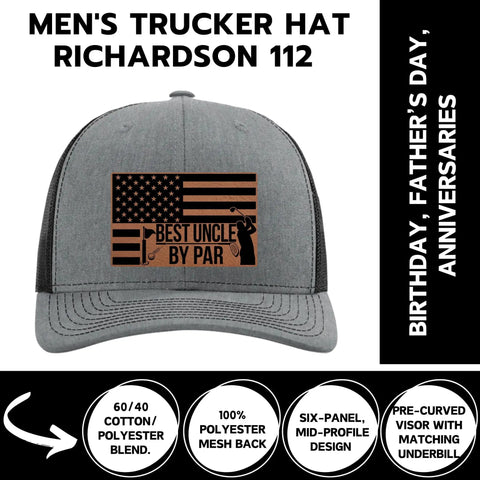 Best Uncle By Par Trucker Hat For Golf Lovers Funny Gift For Uncle Or Brother Who Love Tee Time Bogeys And Birdies 2025 Golf Accessories Mens Golf Cap featuring an American flag and golf club graphic on a gray hat.
