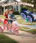 Children riding 12V Dual Motor Kids Ride On Motorcycle With Storage Compartments, 2 Seater Pink Toy ATV, USB Bluetooth Music