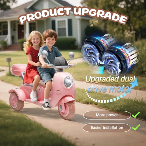 Children riding 12V Dual Motor Kids Ride On Motorcycle With Storage Compartments, 2 Seater Pink Toy ATV, USB Bluetooth Music