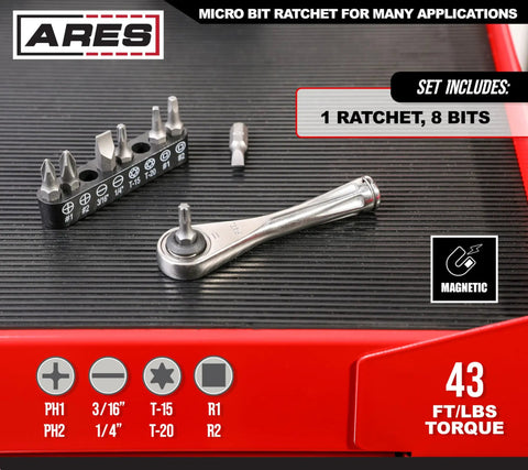 Dual Drive 1/4-Inch Ratchet And 1/4-Inch Bit Holder with 72-Tooth Micro Ratchet, displayed with included bits on a workbench
