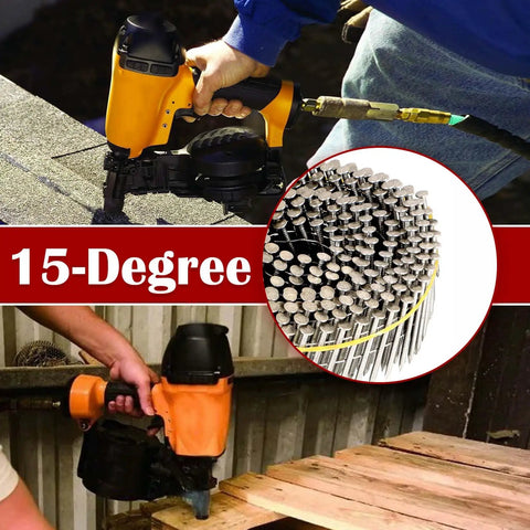3600 Count 1-1/2 Inch By 0.090 Inch Ring Shank Stainless Steel Siding Nails 15 Degree Collated Wire Coil and nail gun in use