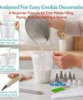 Versatile Big Time Premium 67 Piece Cookie Decorating Kit Featuring Royal Icing Tools, spill-proof filling setup with measuring cup and tip.