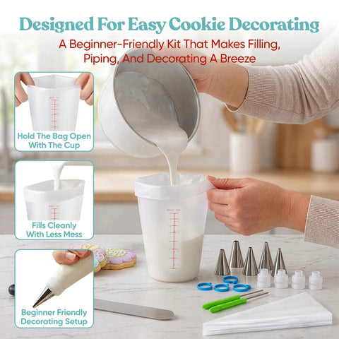 Versatile Big Time Premium 67 Piece Cookie Decorating Kit Featuring Royal Icing Tools, spill-proof filling setup with measuring cup and tip.
