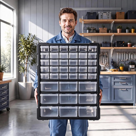 Two Size Drawer Organizer For Garage And Craft Storage With Dividers And Labels, Thick Heavy Duty Organizer For Hardware, Screws, Nuts And Bolts, Beads, Charms, Craft Supplies, Scrapbooking, Teacher Toolbox, black plastic drawers