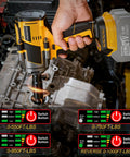 Pro Grade Cordless Impact Wrench With 1/2 Inch Drive in use on an engine, showcasing digital torque settings and battery.
