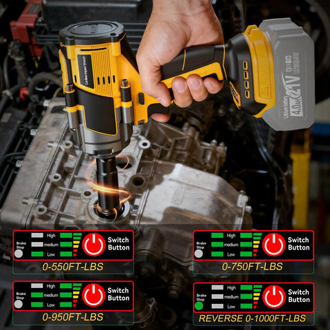 Pro Grade Cordless Impact Wrench With 1/2 Inch Drive in use on an engine, showcasing digital torque settings and battery.