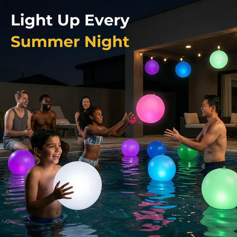 People enjoying pool at night with colorful Solar Floating Pool Lights 2 Pack 14 Inch Auto Color Changing LED Light Balls