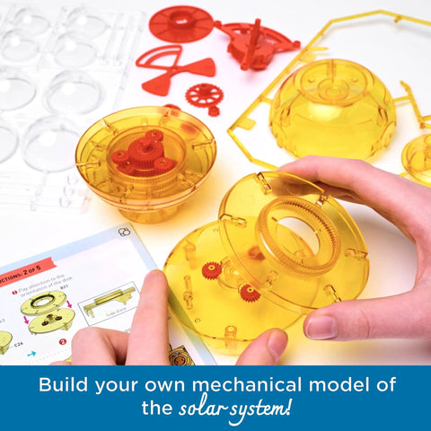 Hands assembling Orbiting Solar System STEM Kit With Windup Motor No Batteries Needed Rotating Planets Hands On Gear Ratios And Planetary Gear System For Science Fairs Intermediate Challenge