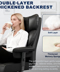Woman sitting on Big And Tall Office Chair With Footrest For All Day Comfort, High Back Ergonomic Desk Chair, Black, showcasing features.