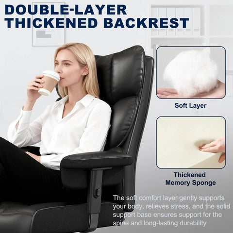 Woman sitting on Big And Tall Office Chair With Footrest For All Day Comfort, High Back Ergonomic Desk Chair, Black, showcasing features.