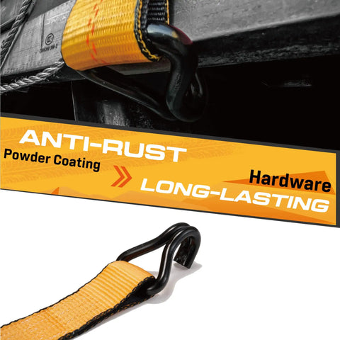 Close-up of 4 Pack Heavy Duty Ratchet Tie Down Straps with wired J hooks securing cargo, anti-rust hardware, orange webbing.