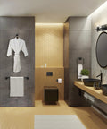Modern bathroom with Dakota 5 Piece All In One Bathroom Set Includes Three Light Vanity Fixture With Seeded Glass Shades Bar Toilet Paper Holder Towel Ring Robe Hook In Matte Black Finish Sleek Industrial Vibe, featuring robe hook, towel ring, and vanity lights.