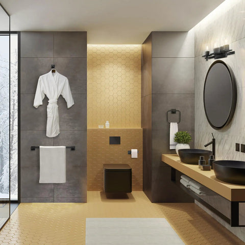 Modern bathroom with Dakota 5 Piece All In One Bathroom Set Includes Three Light Vanity Fixture With Seeded Glass Shades Bar Toilet Paper Holder Towel Ring Robe Hook In Matte Black Finish Sleek Industrial Vibe, featuring robe hook, towel ring, and vanity lights.