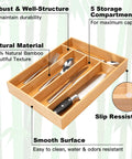 Smooth Bamboo Drawer Organizer With Five Deep Slots Keeps Kitchen Chaos Out Of Sight And Makes Grabbing Utensils Total No Sweat During Rush Hours Natural Finish Sturdy Cutlery Tray For Fast Access with five compartments and utensils inside.