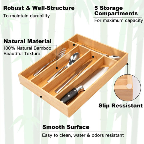 Smooth Bamboo Drawer Organizer With Five Deep Slots Keeps Kitchen Chaos Out Of Sight And Makes Grabbing Utensils Total No Sweat During Rush Hours Natural Finish Sturdy Cutlery Tray For Fast Access with five compartments and utensils inside.