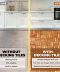 Before and after kitchen floor with Interlocking Teak Deck Tiles Pack Of Nine For Indoor Outdoor Patio Flooring Natural Teak Wood 12 Slats Durable Waterproof Outdoor Flooring With Easy Install On Any Solid Surface Ideal For Decks Patios Balconies And Poolside comparison.