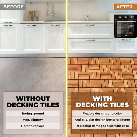 Before and after kitchen floor with Interlocking Teak Deck Tiles Pack Of Nine For Indoor Outdoor Patio Flooring Natural Teak Wood 12 Slats Durable Waterproof Outdoor Flooring With Easy Install On Any Solid Surface Ideal For Decks Patios Balconies And Poolside comparison.