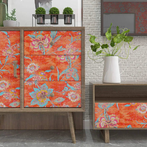 Peel And Stick Orange Floral Wallpaper Roll 21x160 Inches For Bedroom And Living Room applied on furniture underside.