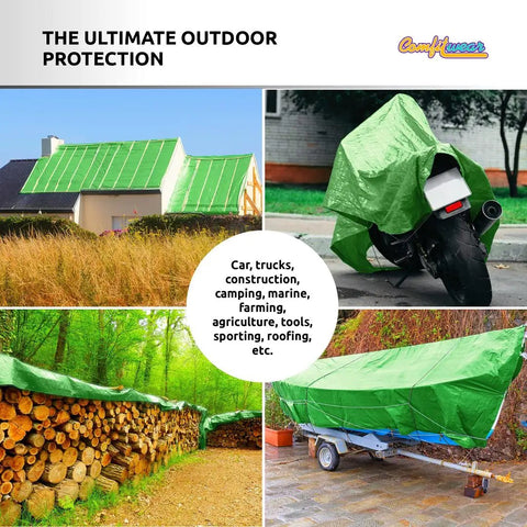 5 Mil Heavy Duty Tarp Cover For Multi Purpose Use Waterproof Weatherproof lime tarp on house, motorcycle, logs, and boat.