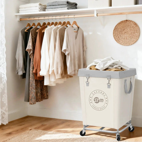 Heavy Duty Steel Frame Laundry Hamper Cart With Smooth Roll Along Wheels And Secure Pop Lid, Dang Sturdy Canvas Clothes Basket With Heaps Of Room For Big Families Or Hotels Solid Beige