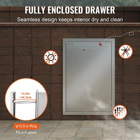 Installed Outdoor Kitchen Trash Drawer System With Heavy Duty Stainless Steel Storage For Backyard BBQ Islands And Grills Pull Out Trash Bin Cabinet 19.7W X 29H X 15.7D Inches on brick wall.