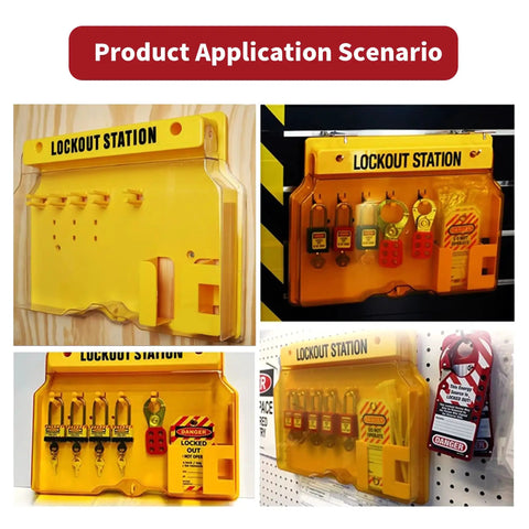 Lockout Tagout Station Kit With Lockable Cover For Wall Mount Storage Includes 5 Safety Padlocks 2 Hasps 20 Lockout Tags 20 Nylon Ties 1 Pen OSHA Compliant displayed on wall