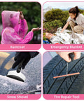 Pink Car Emergency Kit With Jumper Cables And Tow Strap, Roadside Safety Tools showing raincoat, emergency blanket, snow shovel, tire repair tool