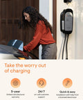 Woman using 32 Amp Level 2 Home EV Charger With J1772 Connector WiFi Enabled Smart Charging Schedule Off Peak Rates Hardwired