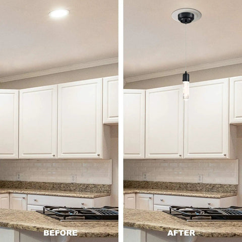 Recessed Can Light To Pendant Conversion Kit 6 Pack White Finish Easy Install No Fuss Transform Ceiling Can Lights Into Sleek Pendant Fixtures Quick And Affordable Upgrade For Any Room shown in kitchen before and after installation.