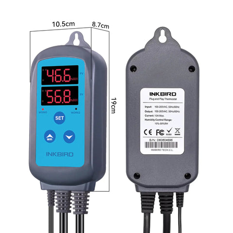 Front and back view of Digital Humidity Controller For Grow Tent And Greenhouse, Dual Stage Humidifier and Dehumidifier with Pre Wired Outlet.