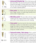 Diagram showing five woodburning tips: universal tip, flow point, mini flow, cone point, and textured stroke with descriptions.